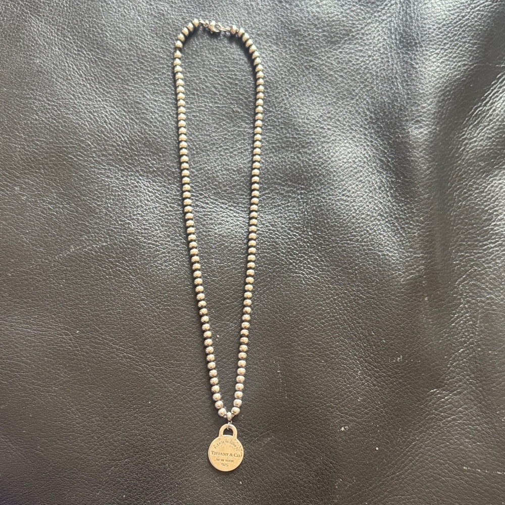 Tiffany & Co. Silver Beaded Necklace with Engraved Pendant